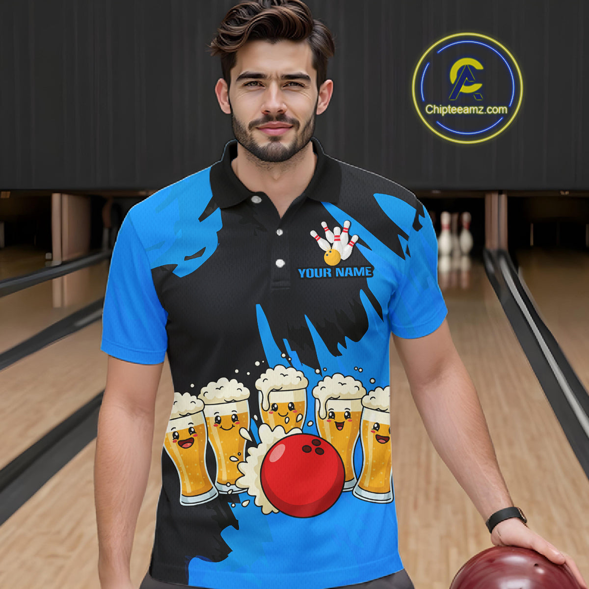 Funny Beer Bowling Shirts Blue for Women Men Team Bowling Polo & 1/4 Zip Shirts MBL251