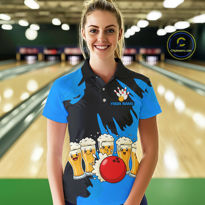 Funny Beer Bowling Shirts Blue for Women Men Team Bowling Polo & 1/4 Zip Shirts MBL251