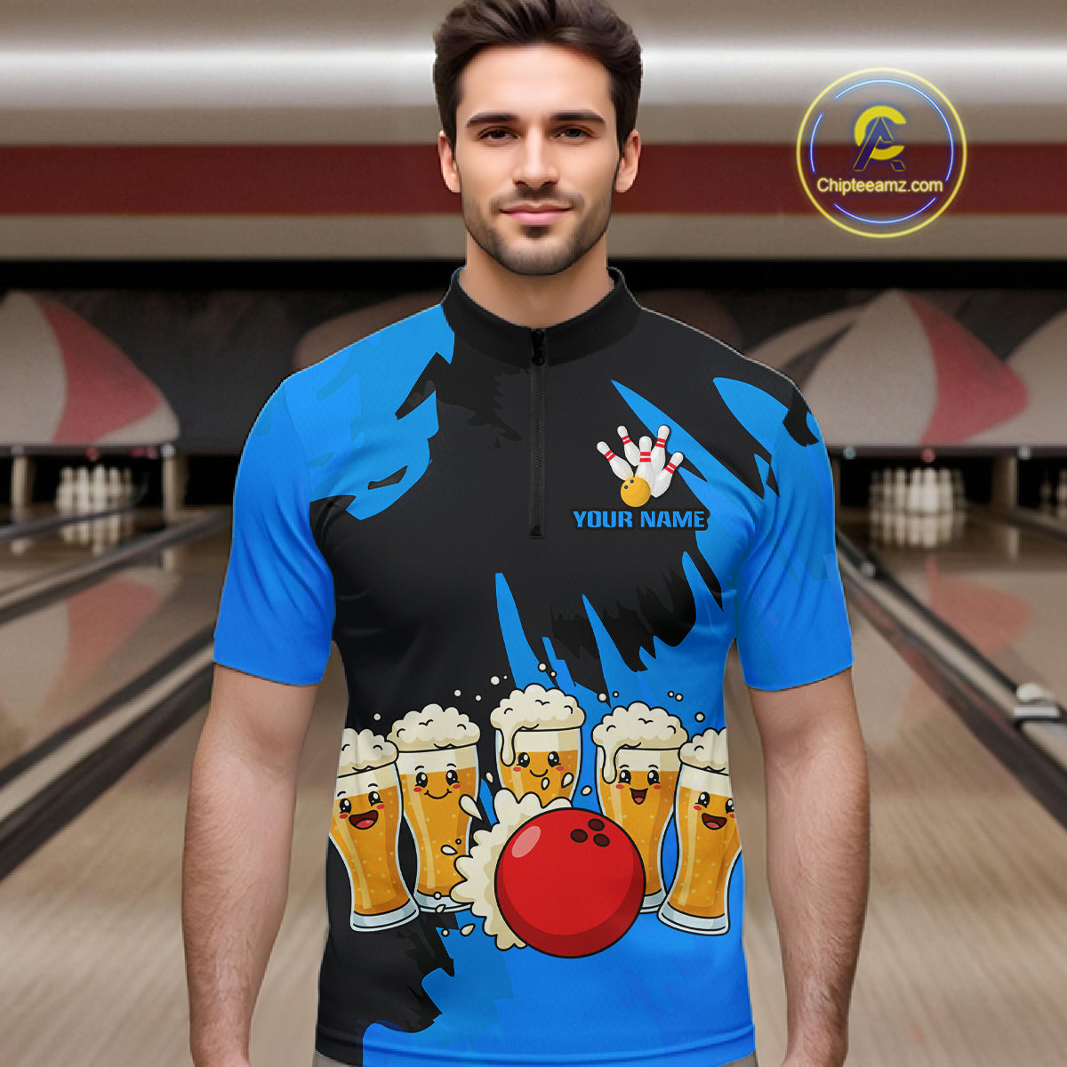 Funny Beer Bowling Shirts Blue for Women Men Team Bowling Polo & 1/4 Zip Shirts MBL251