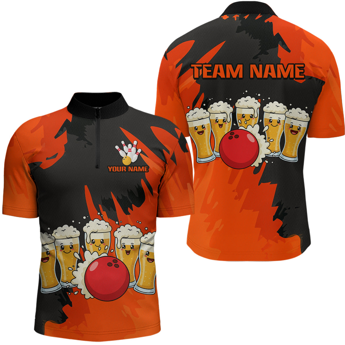 Funny Beer Bowling Shirts Orange for Women Men Team Bowling Polo & 1/4 Zip Shirts MBL251