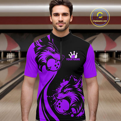 Purple Wolf Bowling Shirts for Team Men Women Custom Wolf Bowling Jerseys for Couples MBL197