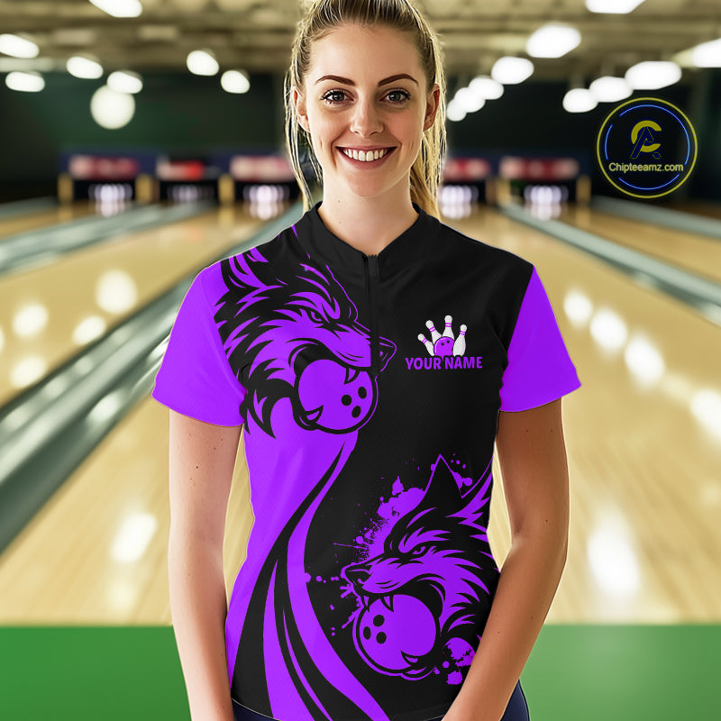 Purple Wolf Bowling Shirts for Team Men Women Custom Wolf Bowling Jerseys for Couples MBL197