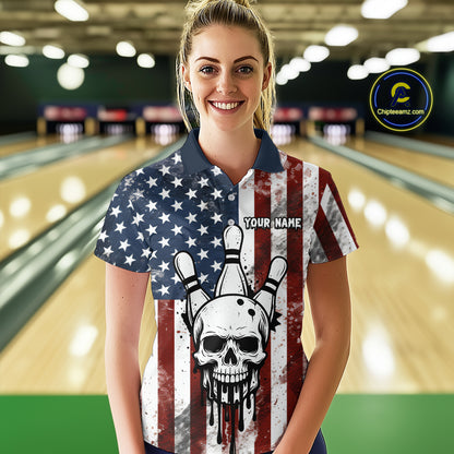 Patriotic Bowling Shirts for Team Women Men Custom Skull Bowling Jerseys for Couple MBL201