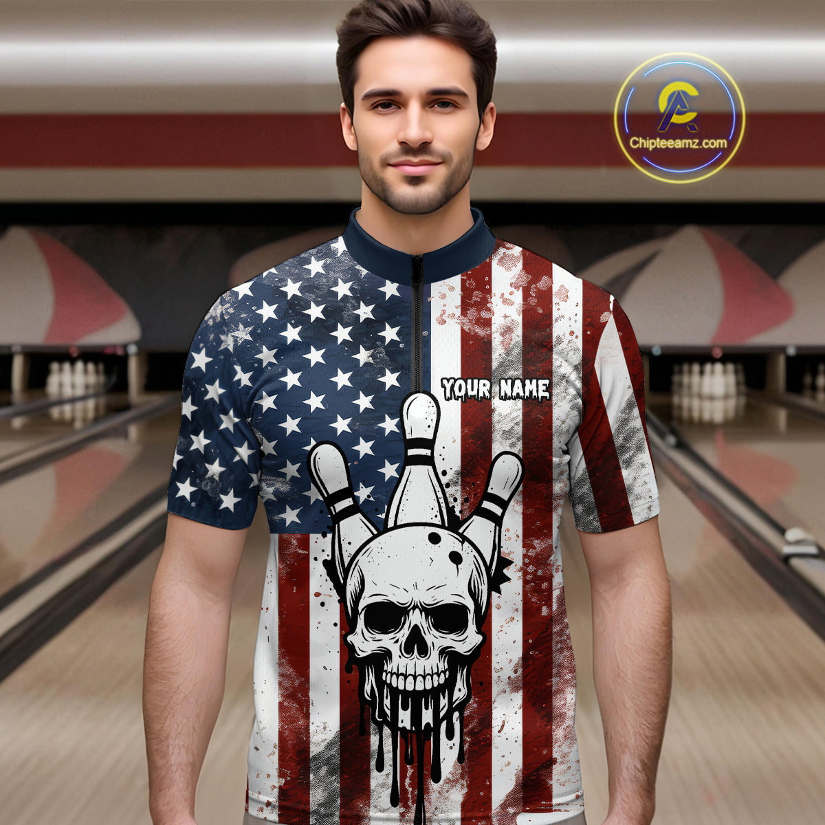 Patriotic Bowling Shirts for Team Women Men Custom Skull Bowling Jerseys for Couple MBL201
