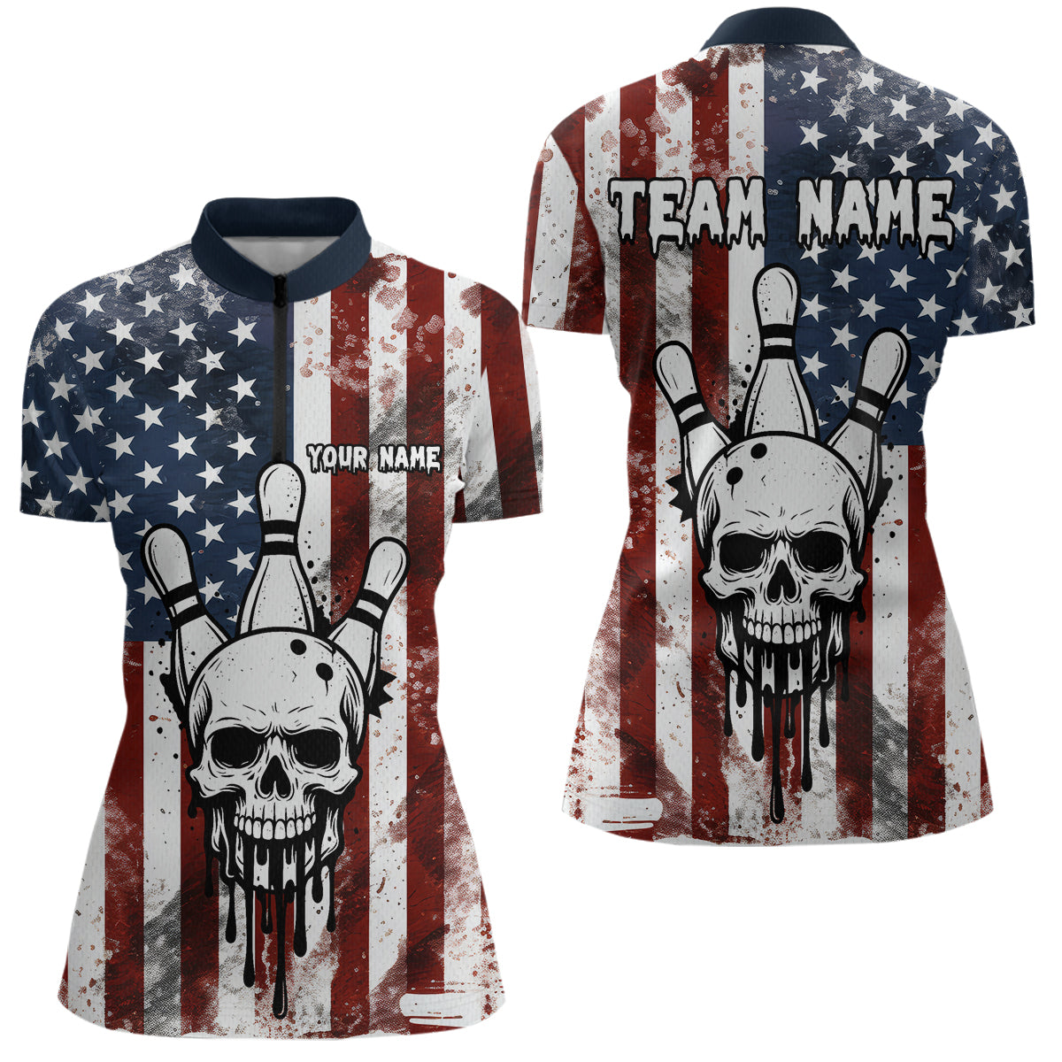 Patriotic Bowling Shirts for Team Women Men Custom Skull Bowling Jerseys for Couple MBL201