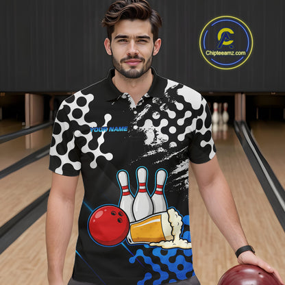 Blue Beer Bowling Shirts for Team Women Men Beer Bowling Polo&1/4 Zip Bowl League MBL255