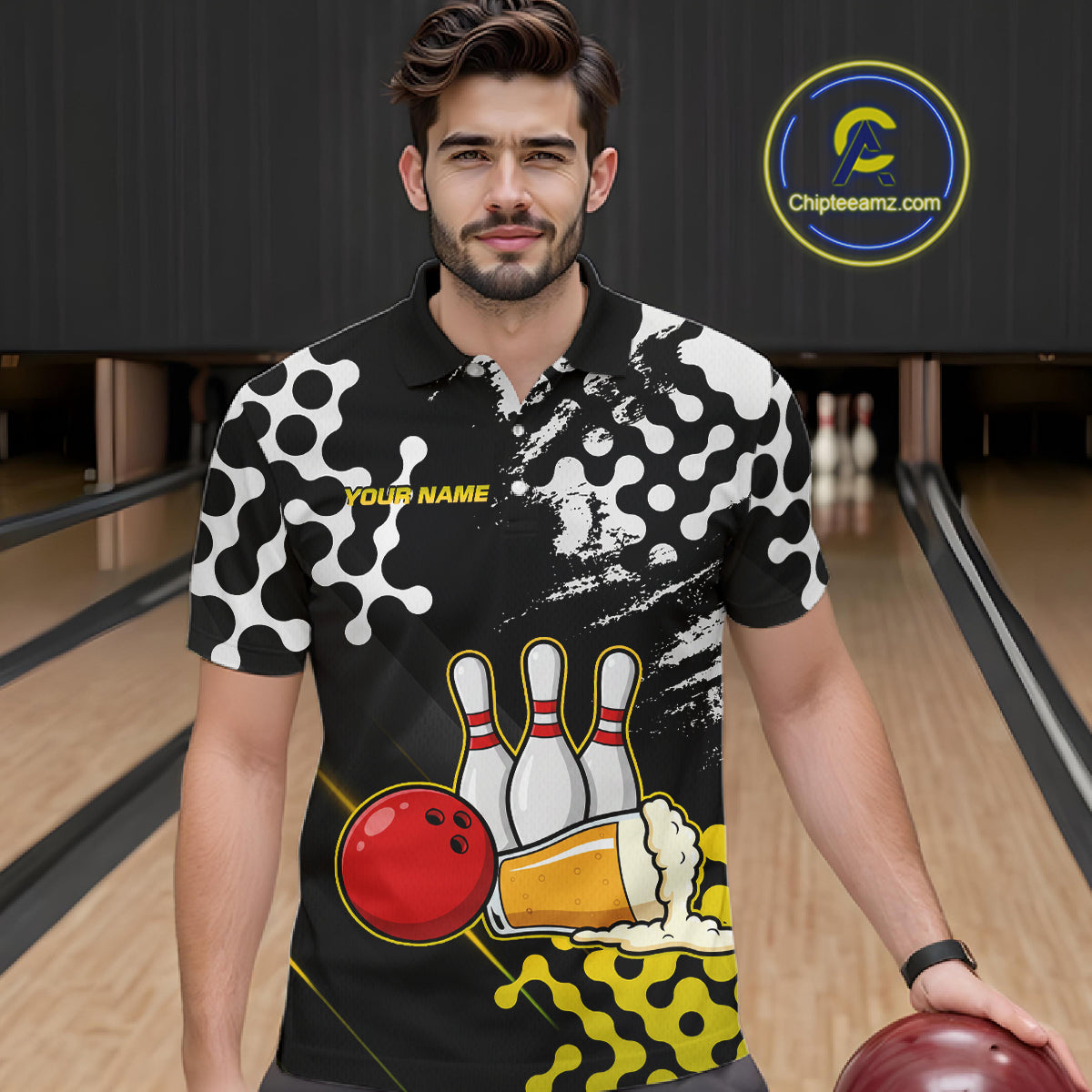 Yellow Beer Bowling Shirts for Team Women Men Beer Bowling Polo&1/4 Zip Bowl League MBL255