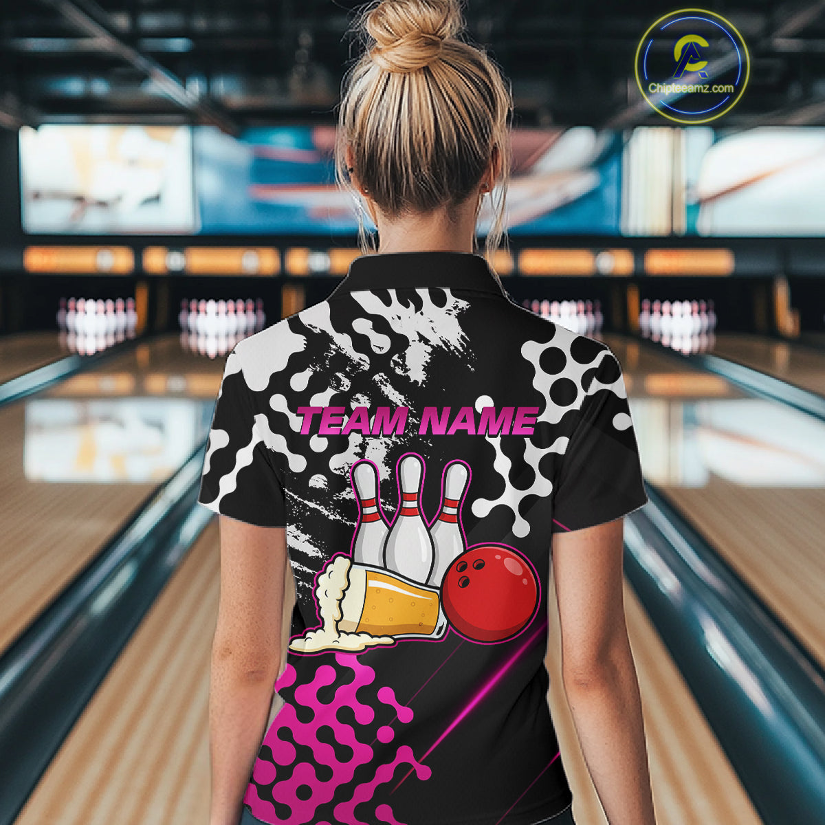 Pink Beer Bowling Shirts for Team Women Men Beer Bowling Polo&1/4 Zip Bowl League MBL255
