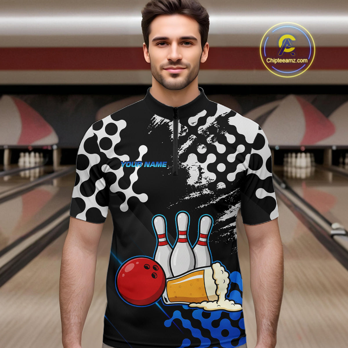 Blue Beer Bowling Shirts for Team Women Men Beer Bowling Polo&1/4 Zip Bowl League MBL255