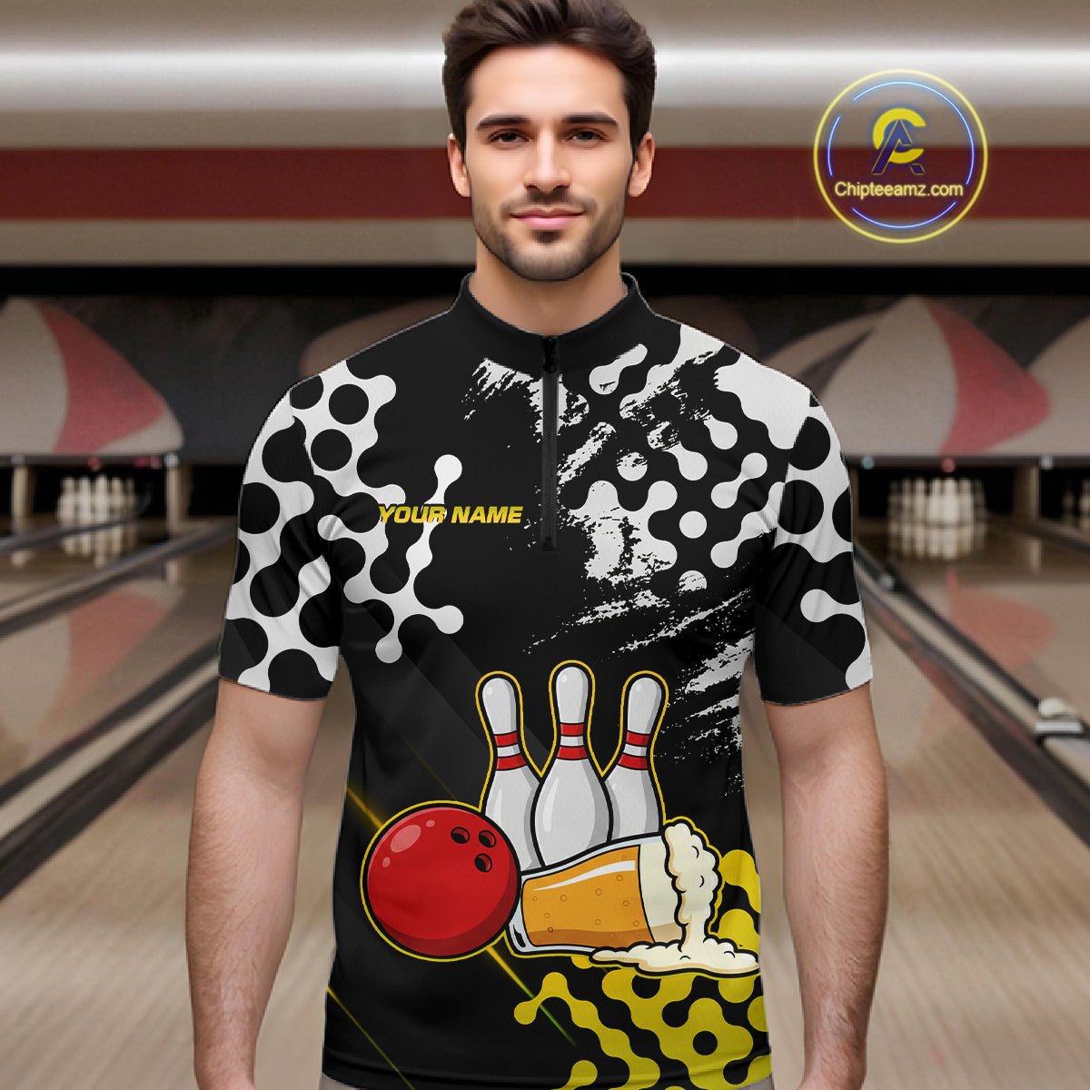 Yellow Beer Bowling Shirts for Team Women Men Beer Bowling Polo&1/4 Zip Bowl League MBL255