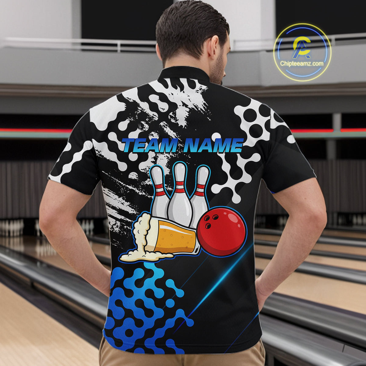 Blue Beer Bowling Shirts for Team Women Men Beer Bowling Polo&1/4 Zip Bowl League MBL255