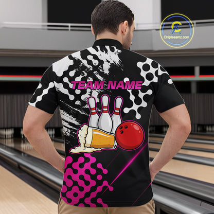Pink Beer Bowling Shirts for Team Women Men Beer Bowling Polo&1/4 Zip Bowl League MBL255