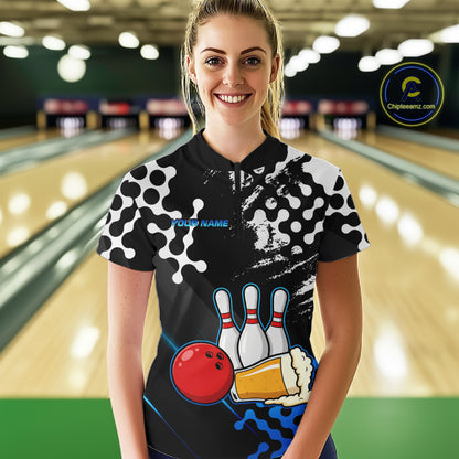 Blue Beer Bowling Shirts for Team Women Men Beer Bowling Polo&1/4 Zip Bowl League MBL255