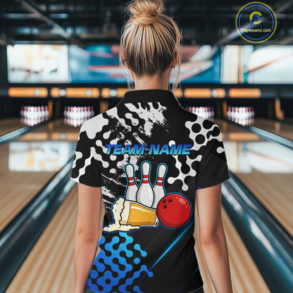 Blue Beer Bowling Shirts for Team Women Men Beer Bowling Polo&1/4 Zip Bowl League MBL255
