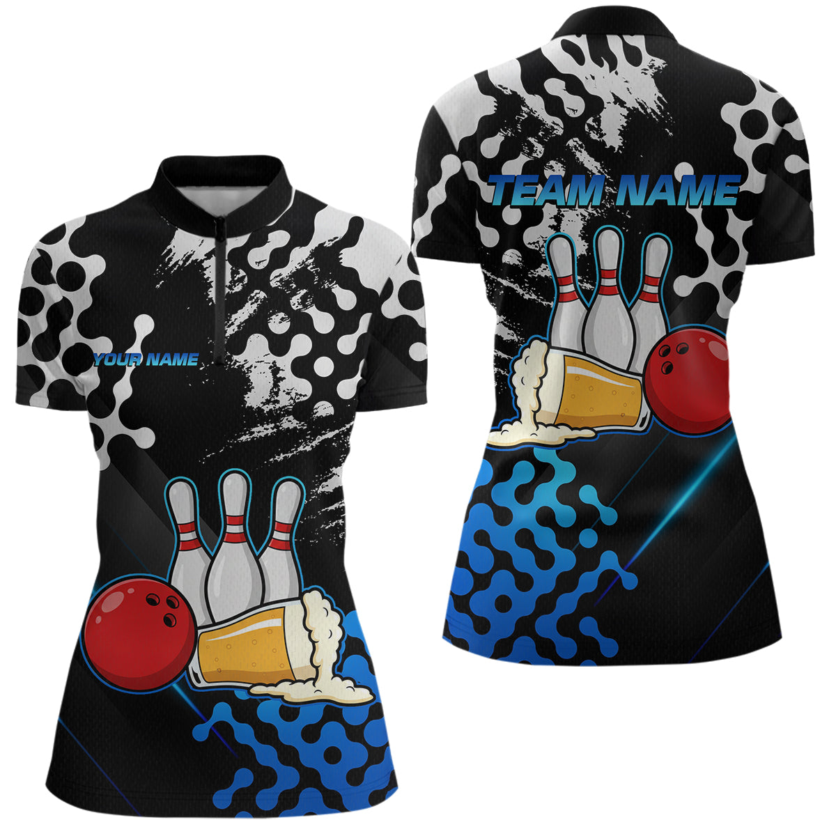 Blue Beer Bowling Shirts for Team Women Men Beer Bowling Polo&1/4 Zip Bowl League MBL255