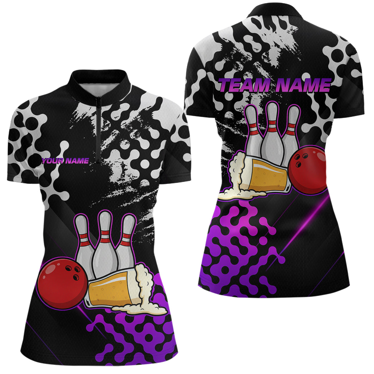 Purple Beer Bowling Shirts for Team Women Men Beer Bowling Polo&1/4 Zip Bowl League MBL255
