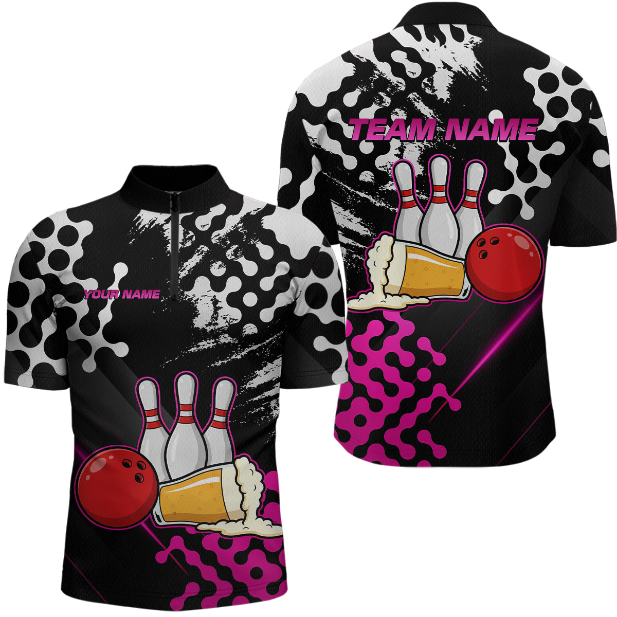 Pink Beer Bowling Shirts for Team Women Men Beer Bowling Polo&1/4 Zip Bowl League MBL255