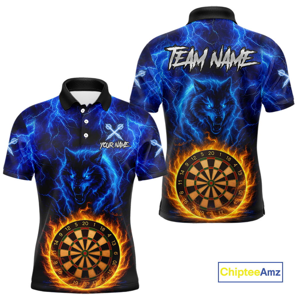 Custom Blue Wolf Flame Darts Shirt for Men Darts Team Jerseys Dartboard Shirt Dart League NNT267