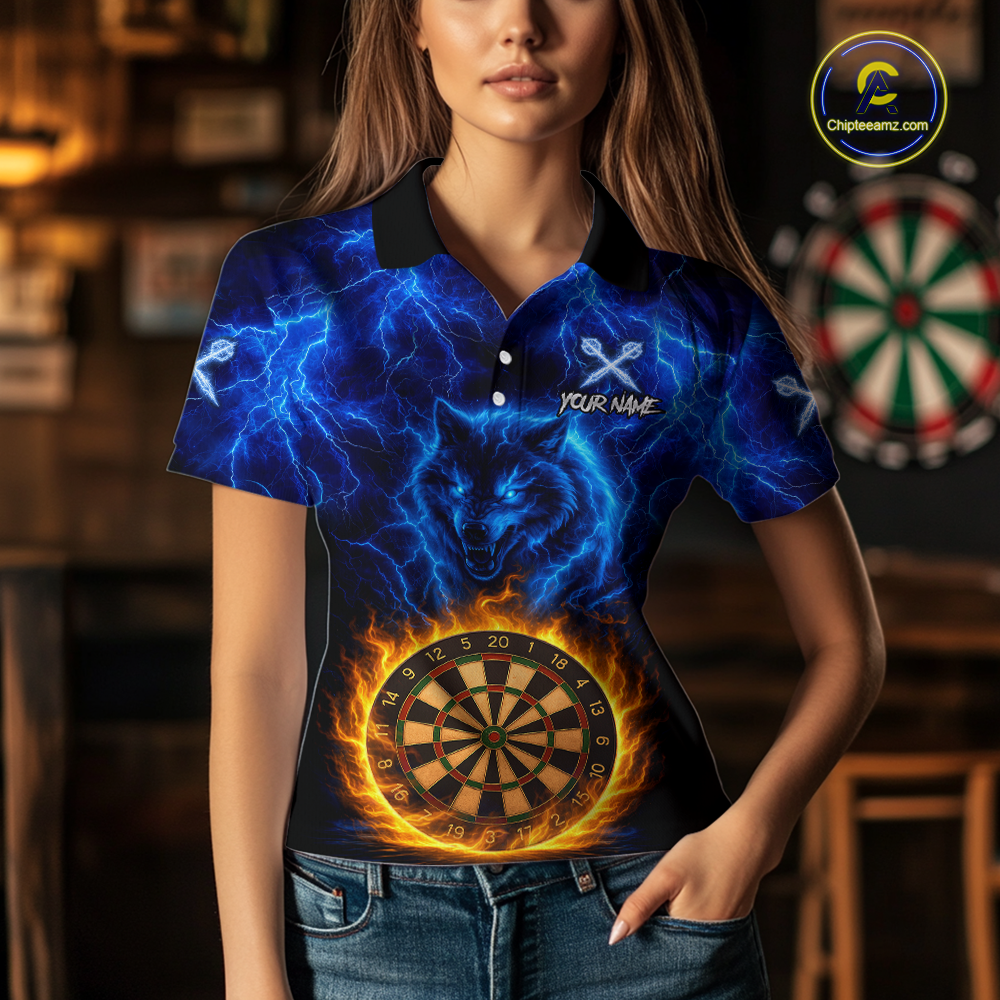 Custom Blue Wolf Flame Darts Shirt for Women Darts Team Jerseys Dartboard Shirt Dart League NNT267