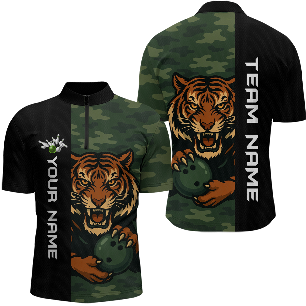 Custom Tiger Bowling Shirts for Team Women Men Camo Green Bowling Polo & 1/4 Zip Shirt MBL184