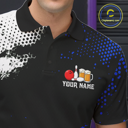 Blue Funny Beer Bowling Shirts for Team Women Men Bowling Polo&1/4 Zip Bowl League MBL254