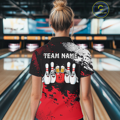 Red Funny Beer Bowling Shirts for Team Women Men Bowling Polo&1/4 Zip Bowl League MBL254