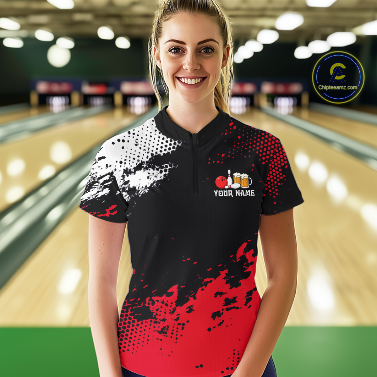 Red Funny Beer Bowling Shirts for Team Women Men Bowling Polo&1/4 Zip Bowl League MBL254