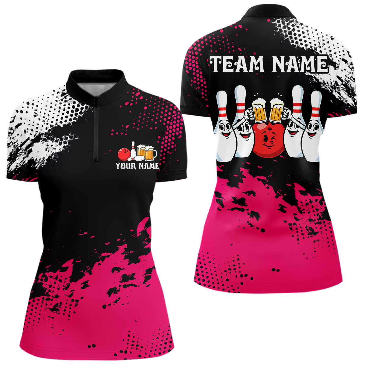 Pink Funny Beer Bowling Shirts for Team Women Men Bowling Polo&1/4 Zip Bowl League MBL254