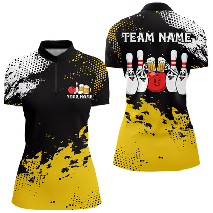 Yellow Funny Beer Bowling Shirts for Team Women Men Bowling Polo&1/4 Zip Bowl League MBL254