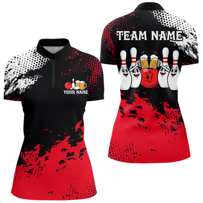Red Funny Beer Bowling Shirts for Team Women Men Bowling Polo&1/4 Zip Bowl League MBL254