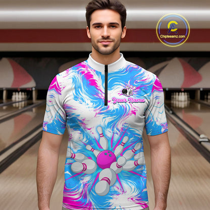 Pink and Blue Bowling Shirts for Team Women Men Bowling Polo and 1/4 Zip Shirt MBL230