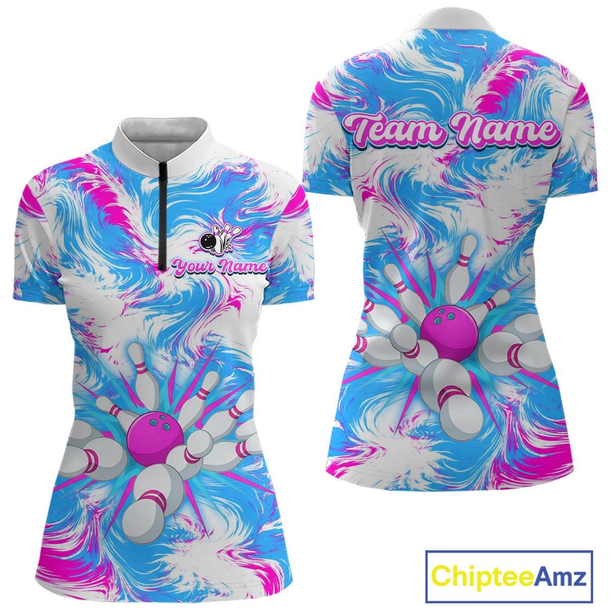 Pink and Blue Bowling Shirts for Team Women Men Bowling Polo and 1/4 Zip Shirt MBL230