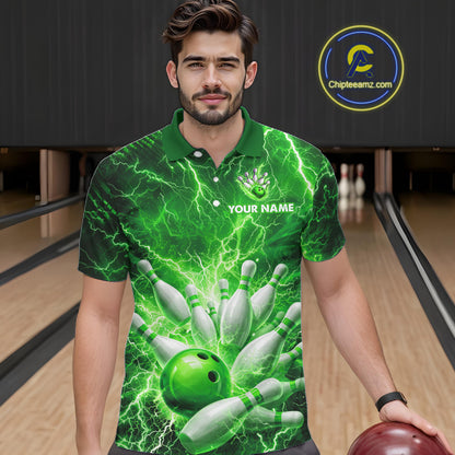 Green Lightning Bowling Shirts for Team Women Men Custom Bowling Polo & 1/4 Zip Shirt MBL241