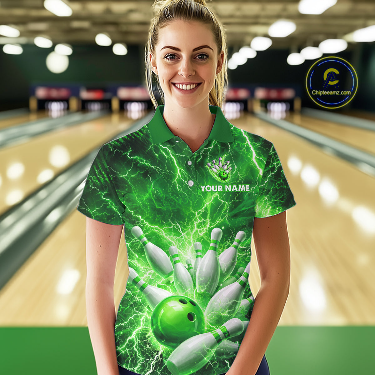 Green Lightning Bowling Shirts for Team Women Men Custom Bowling Polo & 1/4 Zip Shirt MBL241