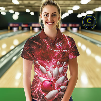 Red Lightning Bowling Shirts for Team Women Men Custom Bowling Polo & 1/4 Zip Shirt MBL241
