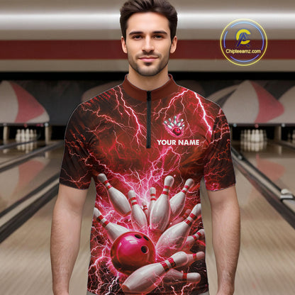 Red Lightning Bowling Shirts for Team Women Men Custom Bowling Polo & 1/4 Zip Shirt MBL241