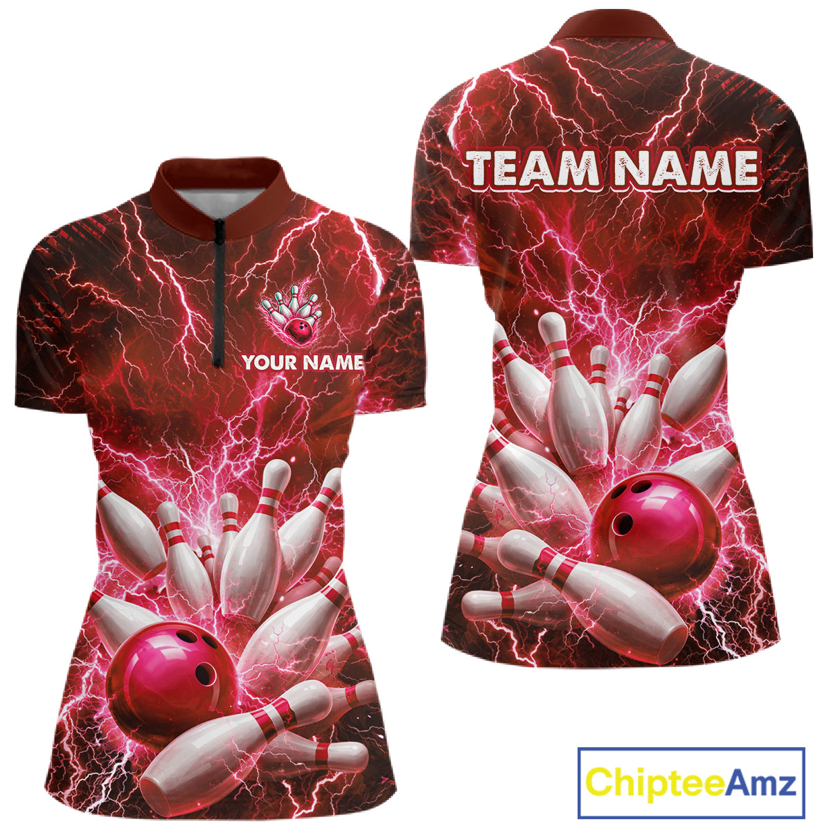 Red Lightning Bowling Shirts for Team Women Men Custom Bowling Polo & 1/4 Zip Shirt MBL241