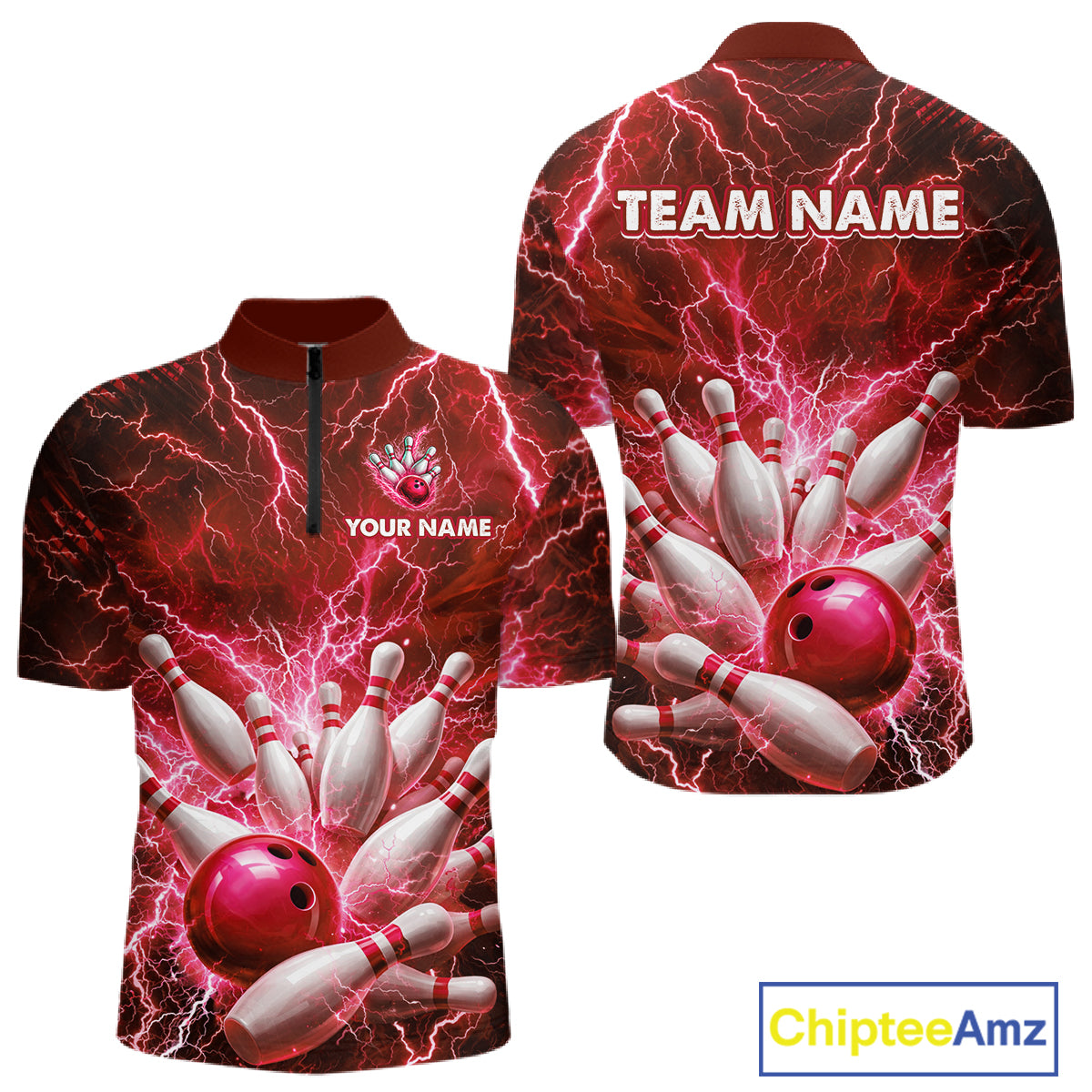 Red Lightning Bowling Shirts for Team Women Men Custom Bowling Polo & 1/4 Zip Shirt MBL241
