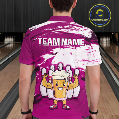 Pink Funny Beer Bowling Shirts for Women Men Team Bowling Polo&1/4 Zip Bowl League MBL253
