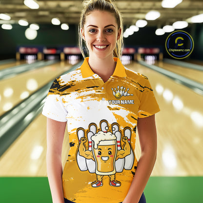 Yellow Funny Beer Bowling Shirts for Women Men Team Bowling Polo&1/4 Zip Bowl League MBL253