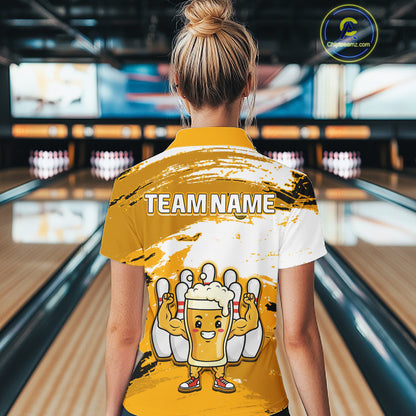 Yellow Funny Beer Bowling Shirts for Women Men Team Bowling Polo&1/4 Zip Bowl League MBL253