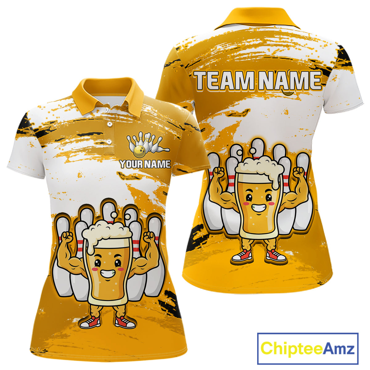 Yellow Funny Beer Bowling Shirts for Women Men Team Bowling Polo&1/4 Zip Bowl League MBL253