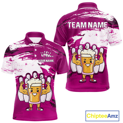 Pink Funny Beer Bowling Shirts for Women Men Team Bowling Polo&1/4 Zip Bowl League MBL253