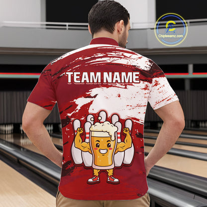 Red Funny Beer Bowling Shirts for Women Men Team Bowling Polo&1/4 Zip Bowl League MBL253