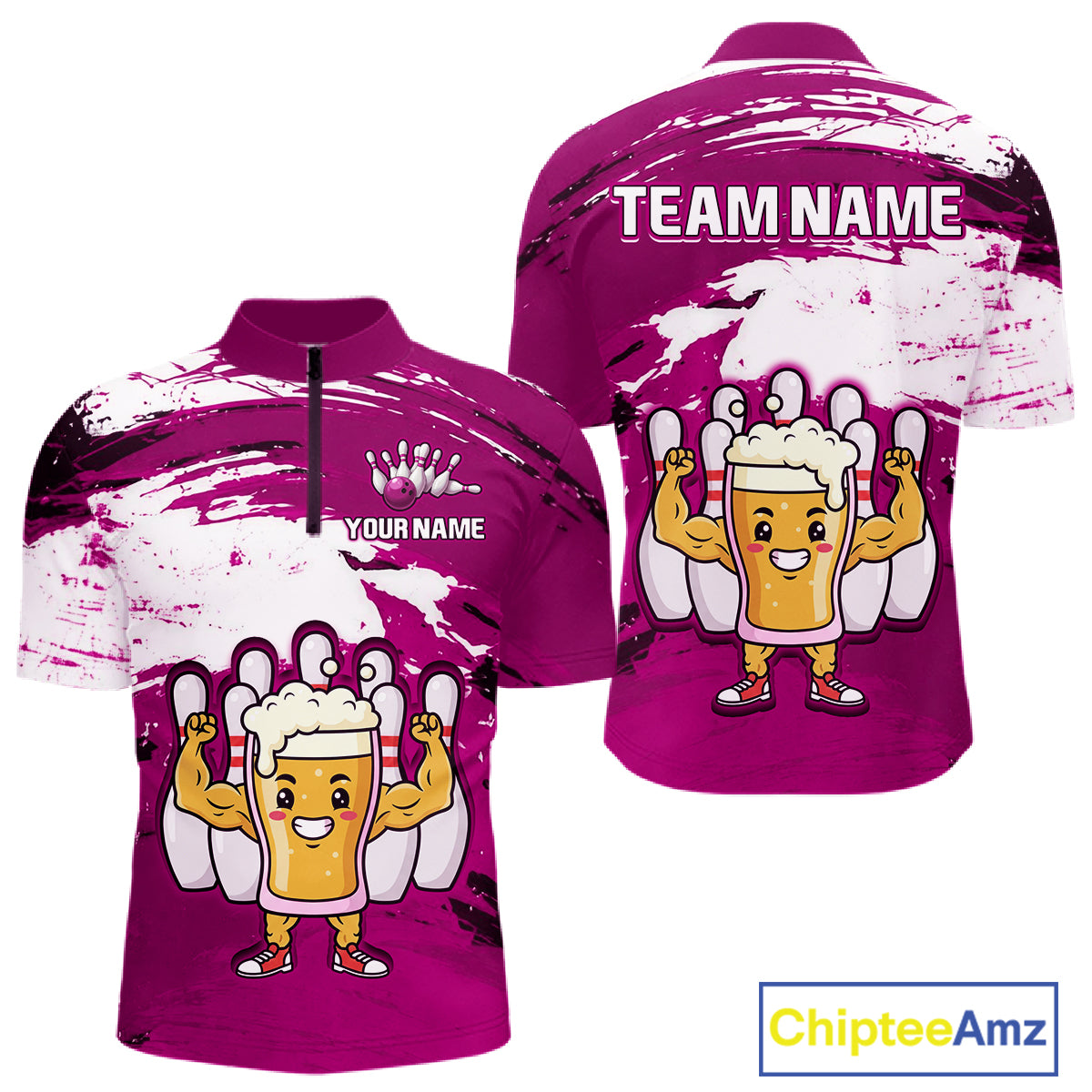 Pink Funny Beer Bowling Shirts for Women Men Team Bowling Polo&1/4 Zip Bowl League MBL253