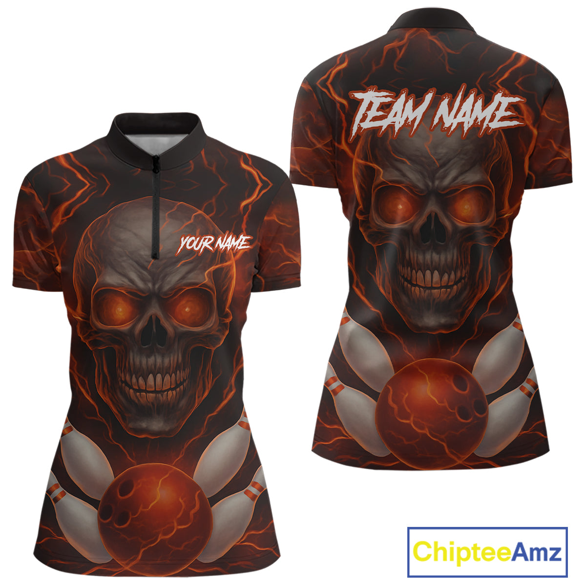 Orange Bowling Shirts for Team Women Men Custom Skull Bowling Jerseys for Couples MBL207
