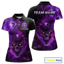Load image into Gallery viewer, Front and back views of a black bowling polo shirt featuring a flaming skull with glowing orange eyes, purple smoke effects, and custom “TEAM NAME” and “YOUR NAME” text.