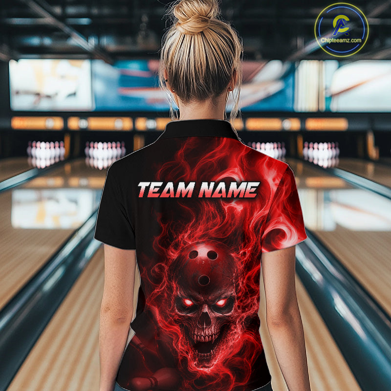 Woman wearing a flaming skull with glowing red eyes, red smoke effects, and custom “YOUR NAME” text.