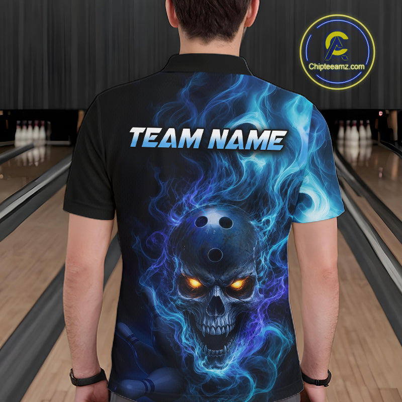 Man wearing a  black bowling polo shirt featuring a flaming skull with glowing orange eyes, blue smoke effects, and custom “TEAM NAME” text.