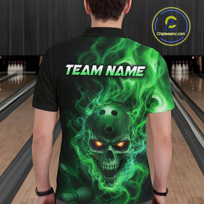 Man wearing a black bowling polo shirt featuring a flaming skull with glowing orange eyes, green smoke effects, and custom “TEAM NAME” text.